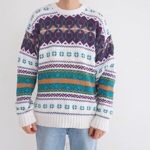 Vintage Eddie Bauer White Fair Isle Cotton Knit Sweater Pattern Outdoor OG Large